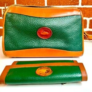 Dooney & Bourke Vintage Green & Tan “All Weather Leather” Crossbody Bag - 11”x7